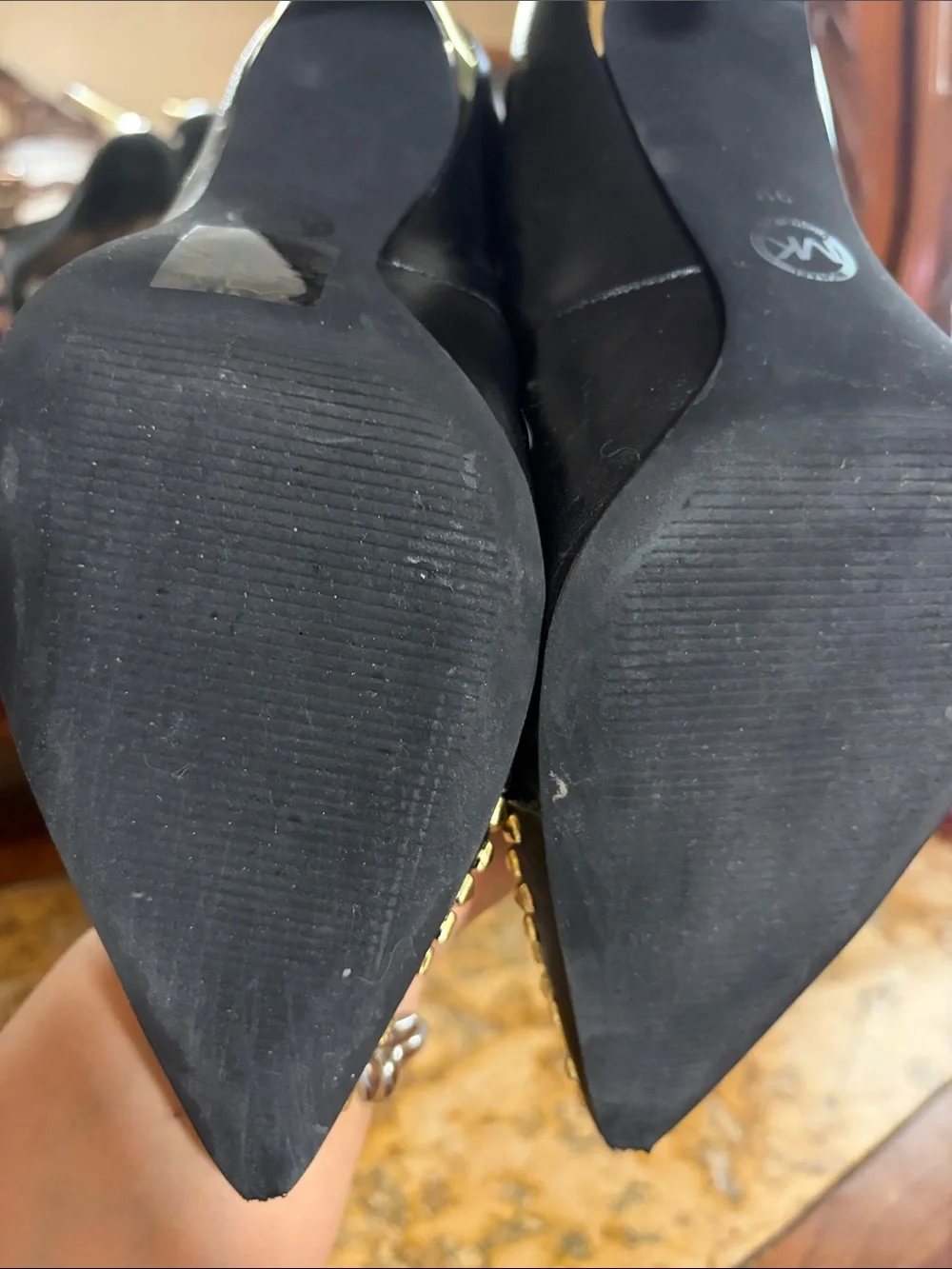 Michael Kors Black Leather Pointed-Toe Pumps with Gold Studs